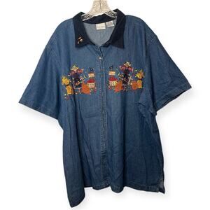 Bobbie Brooks Embroidered Denim Button Down Shirt Scarecrow Pumpkin Plus Size